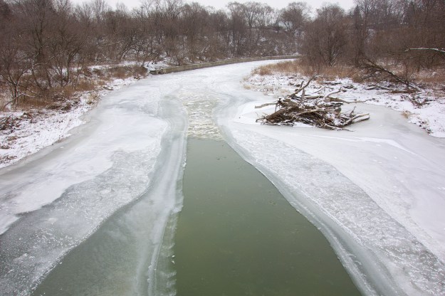 Ice chunks gather together and form a frozen surface.