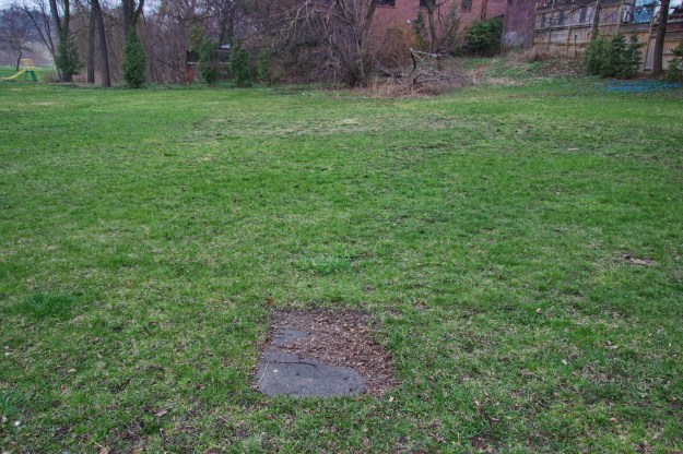 The entranceway path and beyond, the faint basement outline.