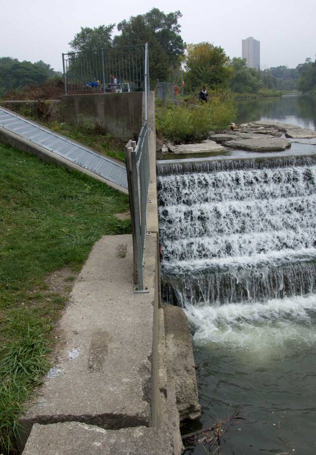 The fish ladder entrance is on the left just below the weir.