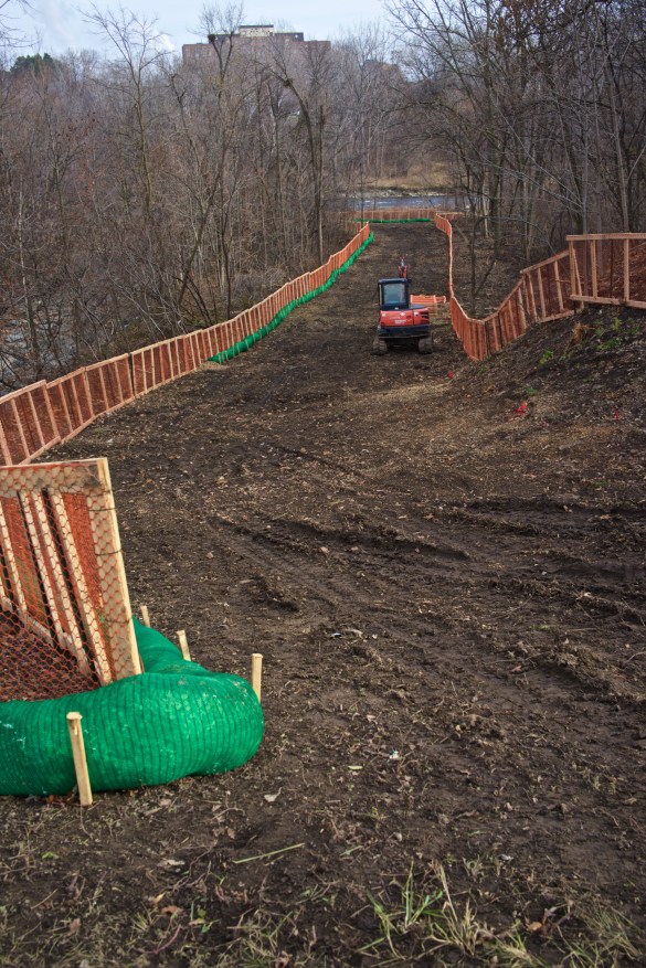 The swath of land cleared and ready for installation of new sewer pipe and pumping station.