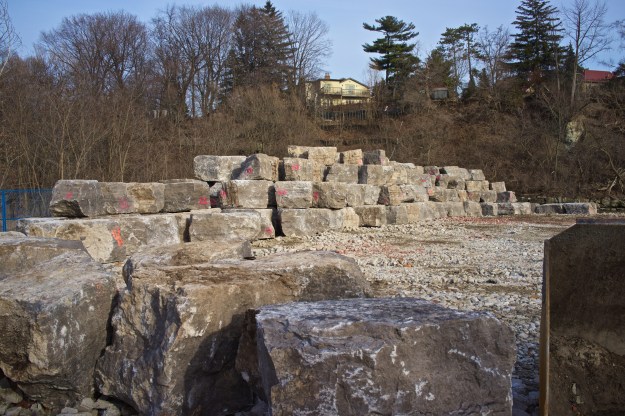 Blocks are piling up awaiting placement.
