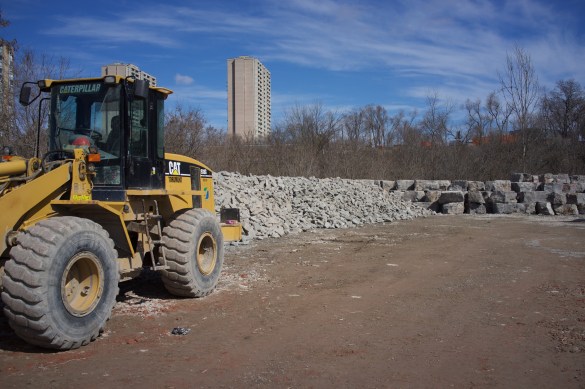 Limestone rubble stored by the blocks at the north end of the site.
