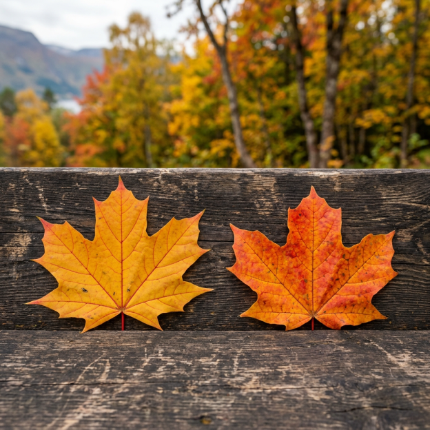 Two autumn maple leaves, one yellow and one orange, on a wooden bench with fall foliage in background